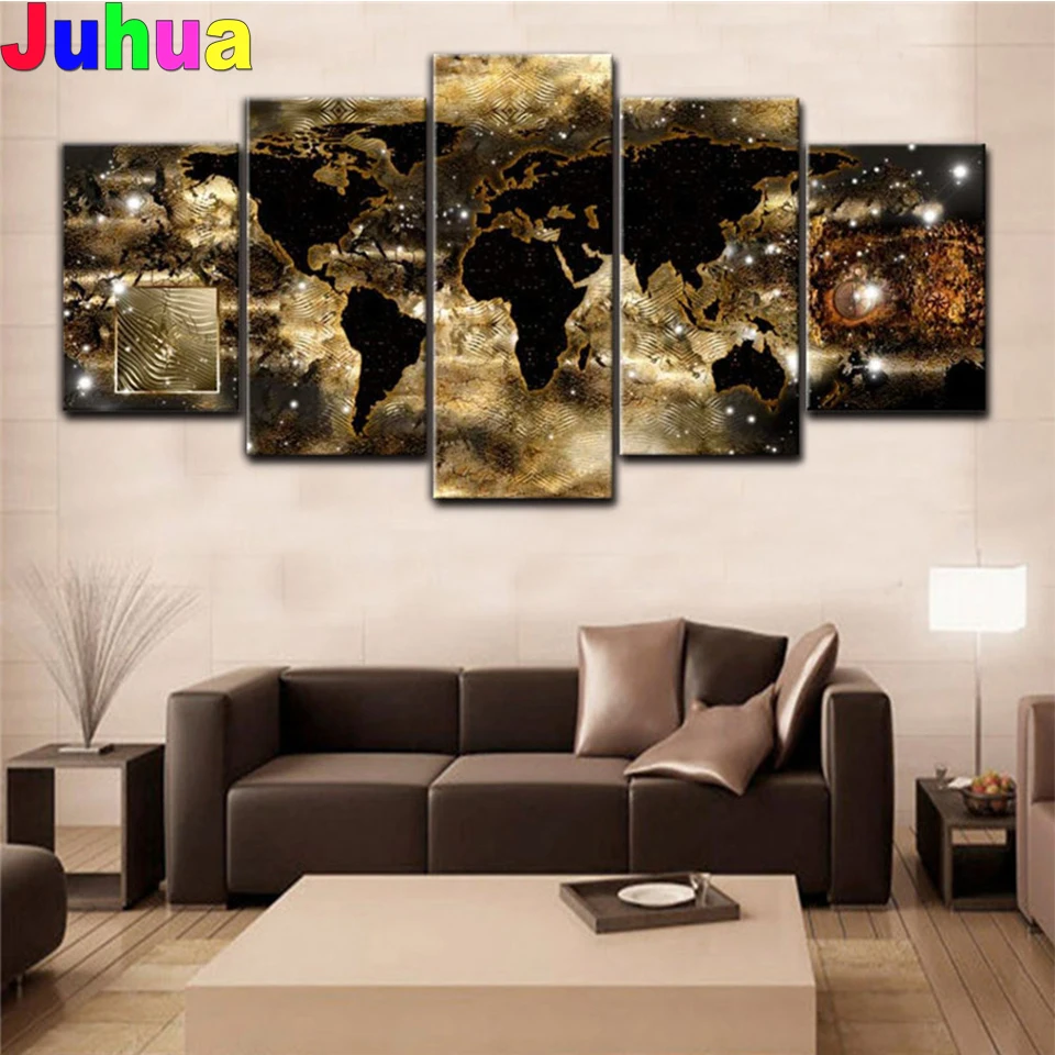 

Full square round diamond painting Gold World Map diamond embroidery rhinestone mosaic diamond inlaid pattern decor salon 5 PCS