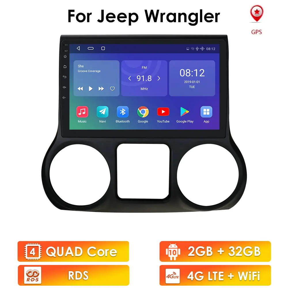

10,1 "2 ГБ, 64 ГБ, автомобильный GPS радио видео плеер для Jeep Wrangler 2011 2012 2013 2014 DVR FM Bluetooth SWC с can-bus Карты рамка DAB +