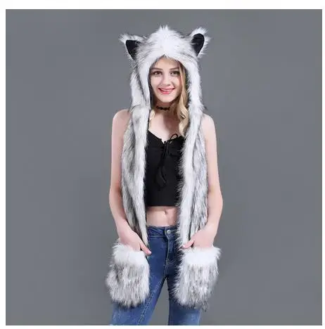 Женская шапка с капюшоном из искусственного меха ушами и карманами для ушей 3 в 1