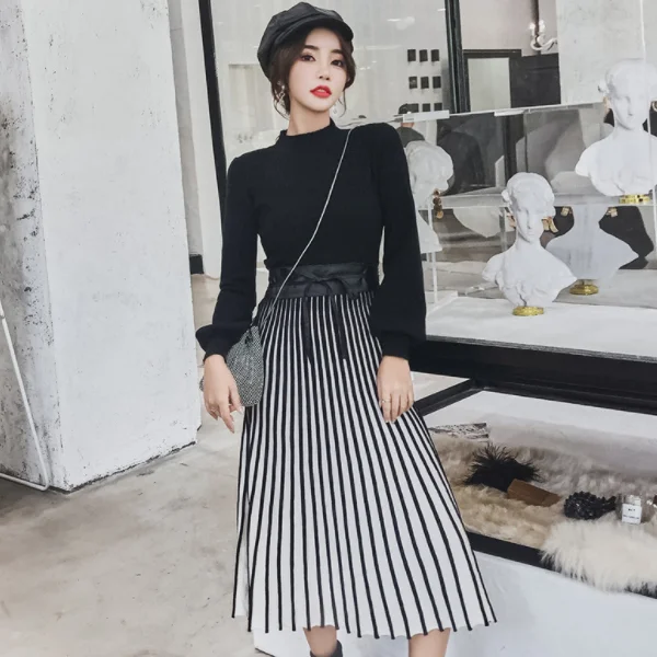 Новые женские вязанные со стоячим воротником плиссированные вечерние платье