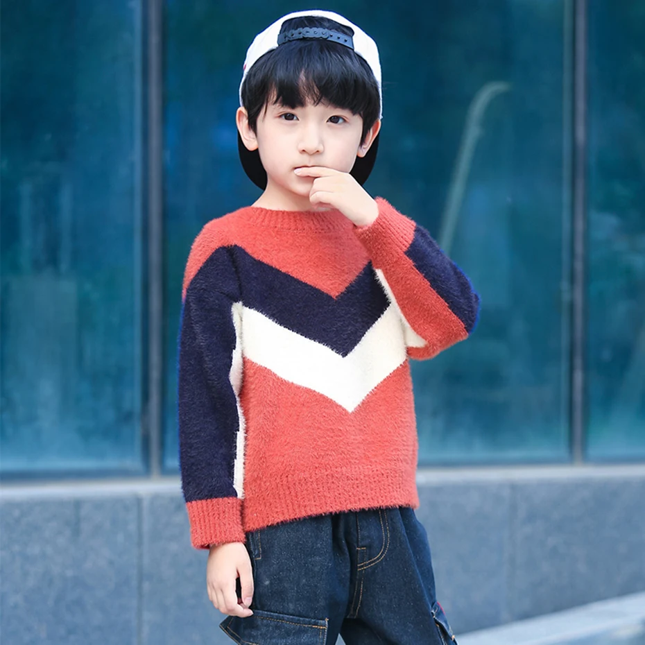 Свитер для мальчиков свитер в полоску стиле пэчворк детский пуловер с круглым