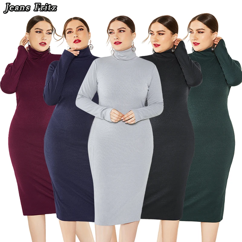 Осеннее однотонное женское платье большого размера 2019 Новое вязаное с длинным