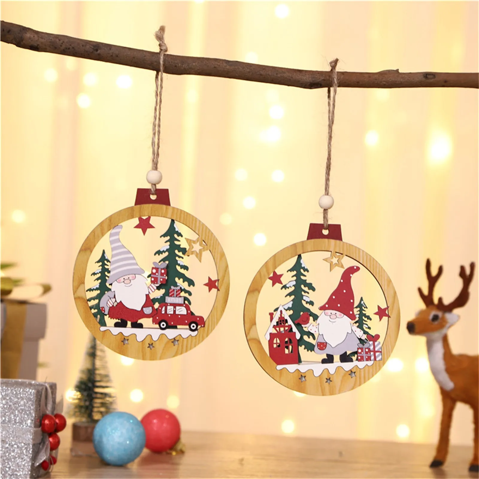 

Christmas Decoration Wooden Double Hollow Santa Claus Pendant Christmas Tree Decorations Wooden Pendant Navidad Decoración