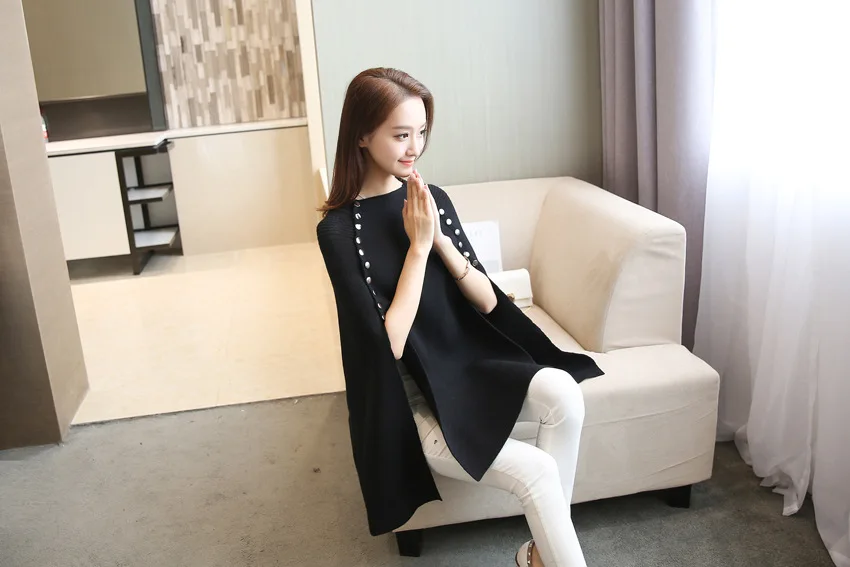 Женское двубортное пончо свободное вязаное черное пальто с рукавами летучая