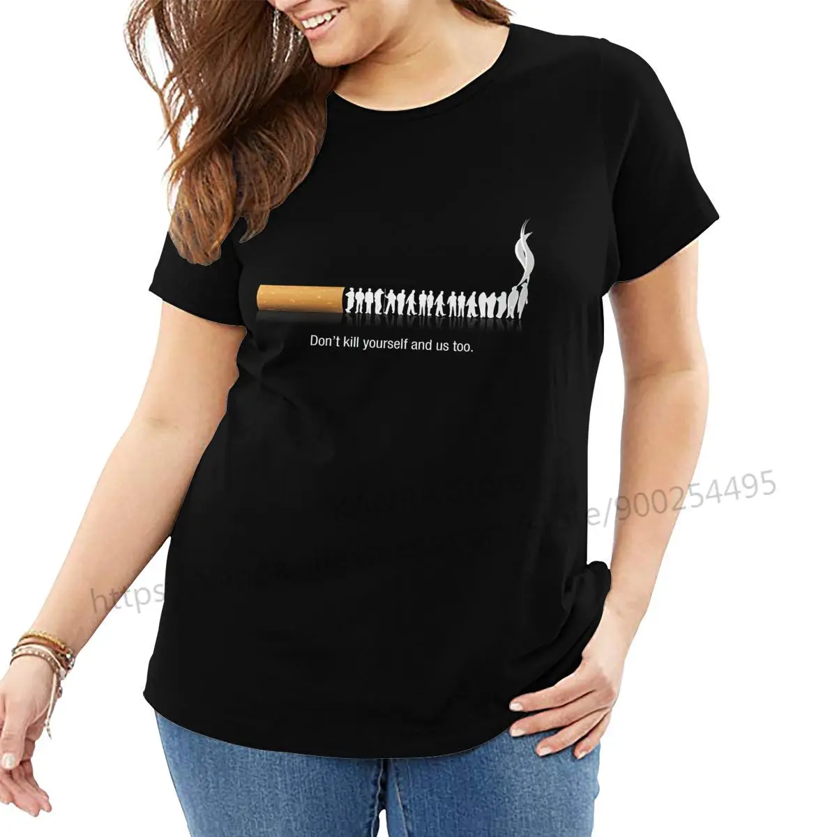 Футболка женская хлопковая оверсайз черная дышащая рубашка с символом не курить