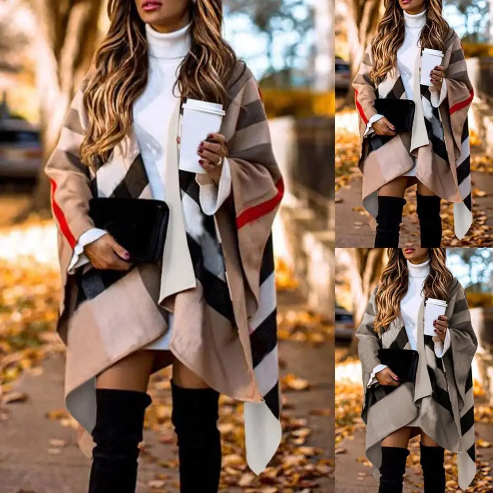 

Autumn Winter Women Fashion Batwing Sleeve Coat Plaid Stripes Poncho Scarf Shawl Batwing Sleeve Coat