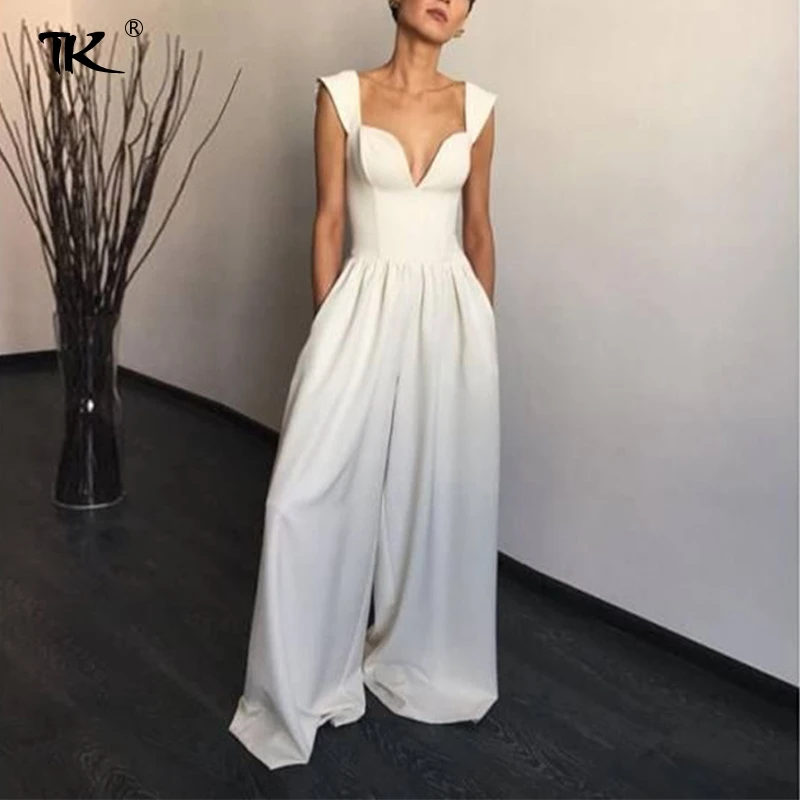 

Women's White Wide Leg Jumpsuits High Waist Rompers Backless V-Neck Pleated Jumpsuit Women Sexy Casual New Summer 2021 Party