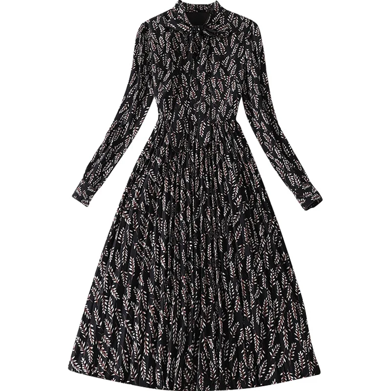 

Women's Long Sleeved Dress 2020 Spring New Stand Collar Floral Printed Pleated Chiffon Dress Mid Black S-XLi