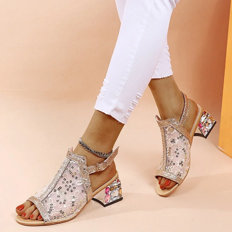 

Akexiya стразы женские летние сандалии на высоком каблуке 2021 5 см туфли-лодочки модные блестящие женские вечерние туфли с открытым носком для ж...