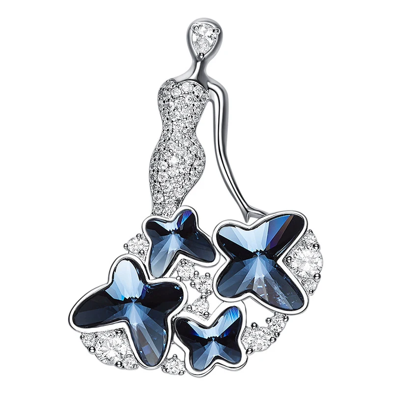 

COCOM Lady Dress Shape Women's Brooch with Blue Butterfly Austrian Crystal Elegant Coat Brooches Pins Fashion Scarf Clip Jewelry