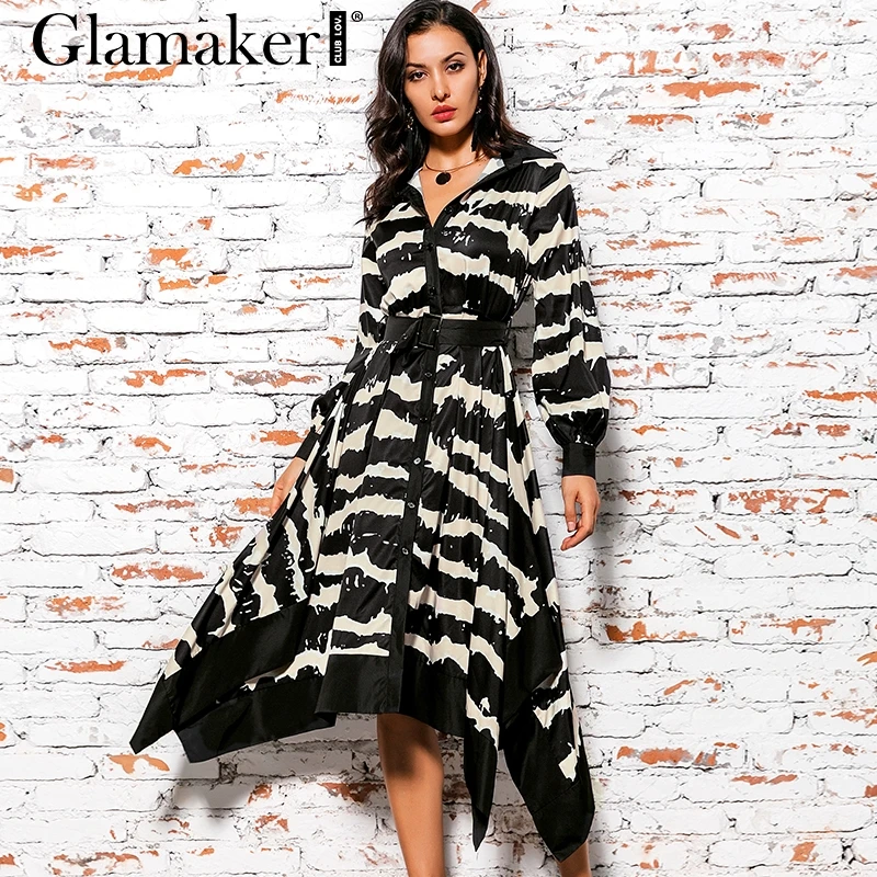 Glamaker асимметричное Полосатое длинное платье с принтом женский пояс, неподшитый край, длинный рукав, элегантное платье осень-зима, вечерние, сексуальные платья