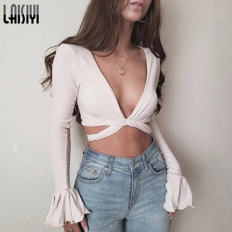 Модный сексуальный однотонный укороченный топ LAISIYI с перекрестными лямками и