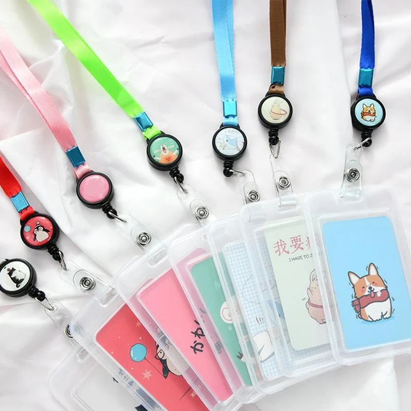 

1PCS Cute Women Cartoon Plastic Bus ID Card Holder Case Badge Retractable Reel Neck Strap Lanyard Student Bus Card Holder Bags