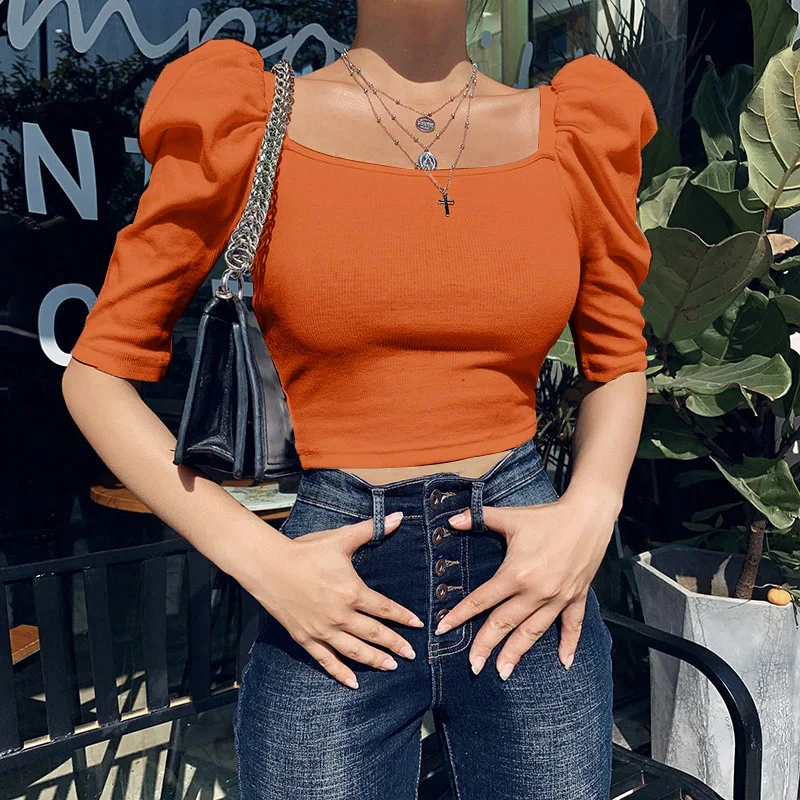 

Vintage Puff Sleeve Women Blouse Square Neck Korean Style Tops Elegant Sexy White Black Slim Crop Blouse Women