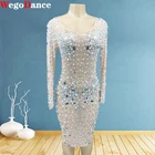 Блестящее серебряное зеркальное прозрачное короткое платье стразы вечерний костюм для празднования дня рождения женский танцор выпускной