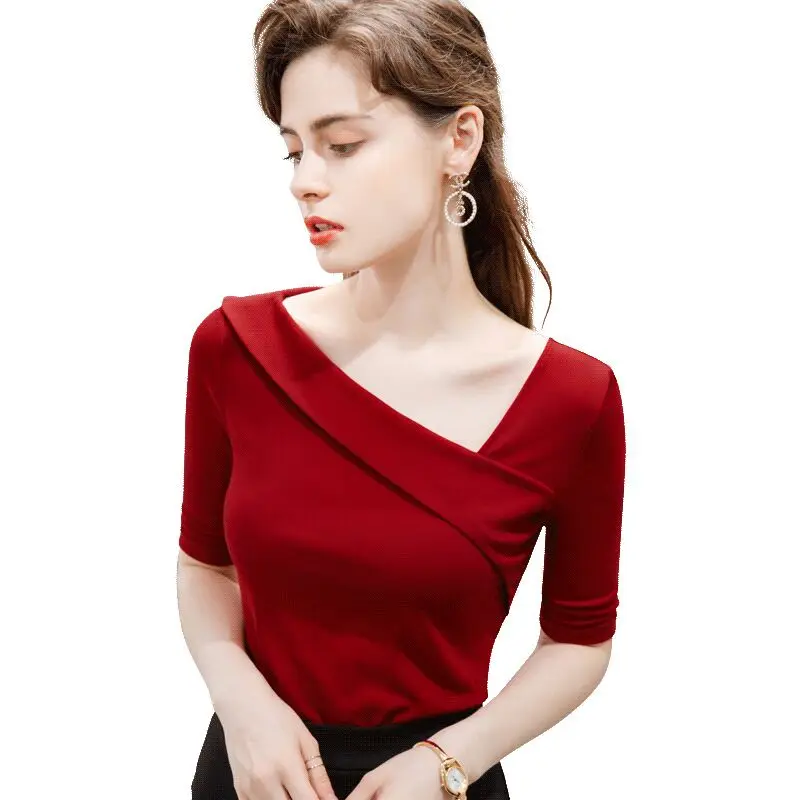 

2021 spring and summer new women's European and American style tops fashion V-neck bottoming shirt solid color t-shirt trend