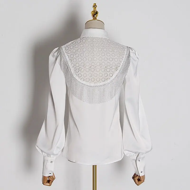 Ladies Fashion Shirt Lace Patchwork Tassel Chain Lantern Sleeve Top Vintage Design Single-Breasted Turn-Down Collar Women | Женская