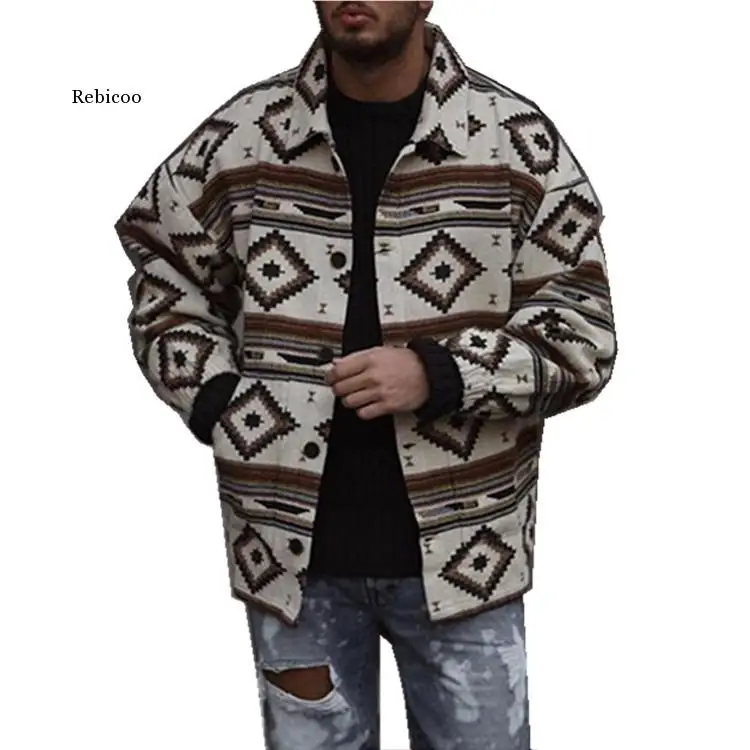 

Men's Casual Jackets Fashion Geometric Pattern Printed Lapel Jacket Men Loose Jackets Coats Autumn and Winter New