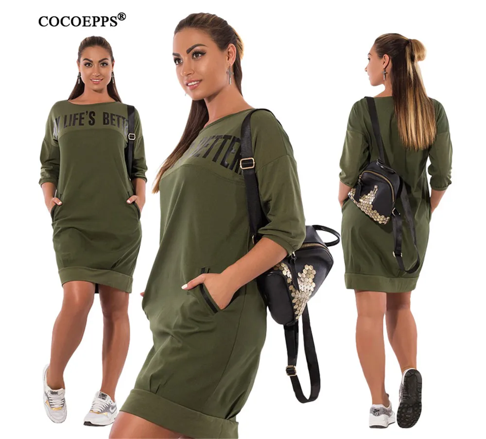 

Letter Printed Woman Dress Casual Side Pockets Solid Color OL Style Cotton Pencil Dress Plus Size Clothing Female 2020