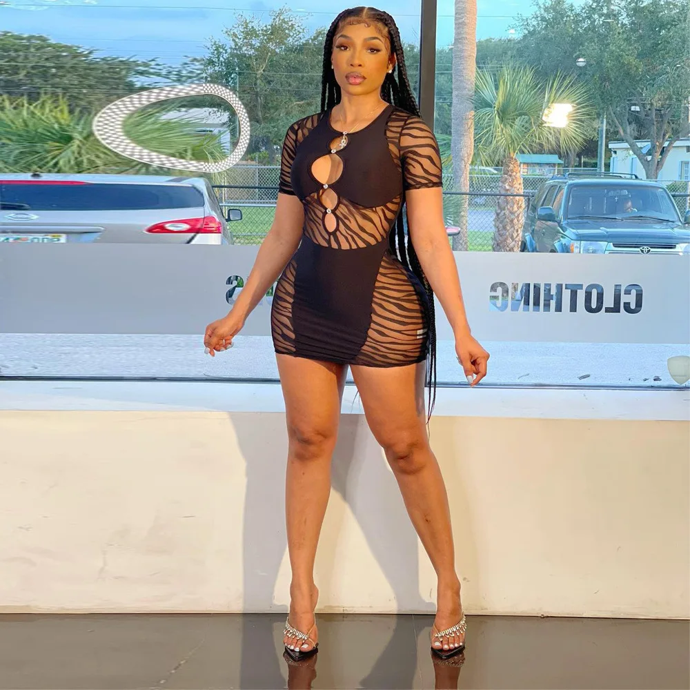 

PLSW Black Female Mesh Sexy Dress Hollow Out See Through Dresses For Women O Neck Short Sleeve Bodycon summer Mini Dress