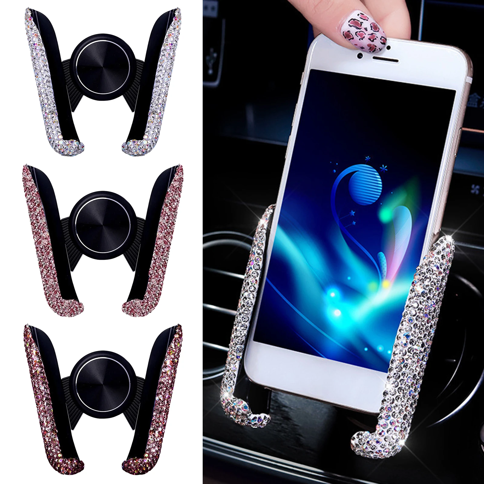 Car Phone Holder Women Diamond Crystal Car Air Vent Mount Clip Mobile Phone Holder Stand in Car Bracket Interior Accessories
