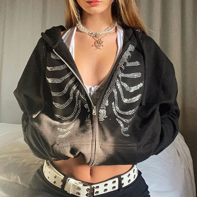 

Women Goth Punk Zip Up Hoodies Jacket Rhinestone Breastbone Print Long Sleeve Sweatshirt Coat Oversized Loose Pocket Top