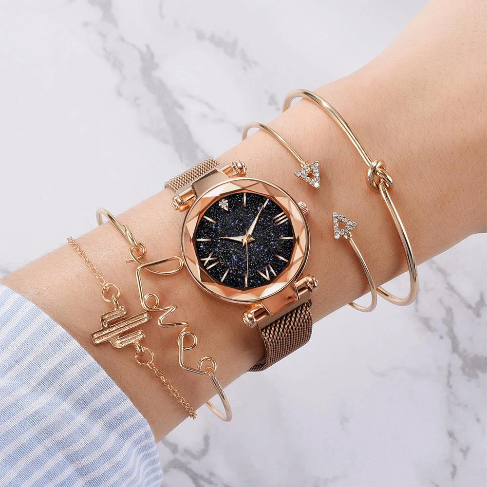 

Noble luxury starry sky dial ladies watch luxury brand rose gold crystal bracelet quartz 5-piece set