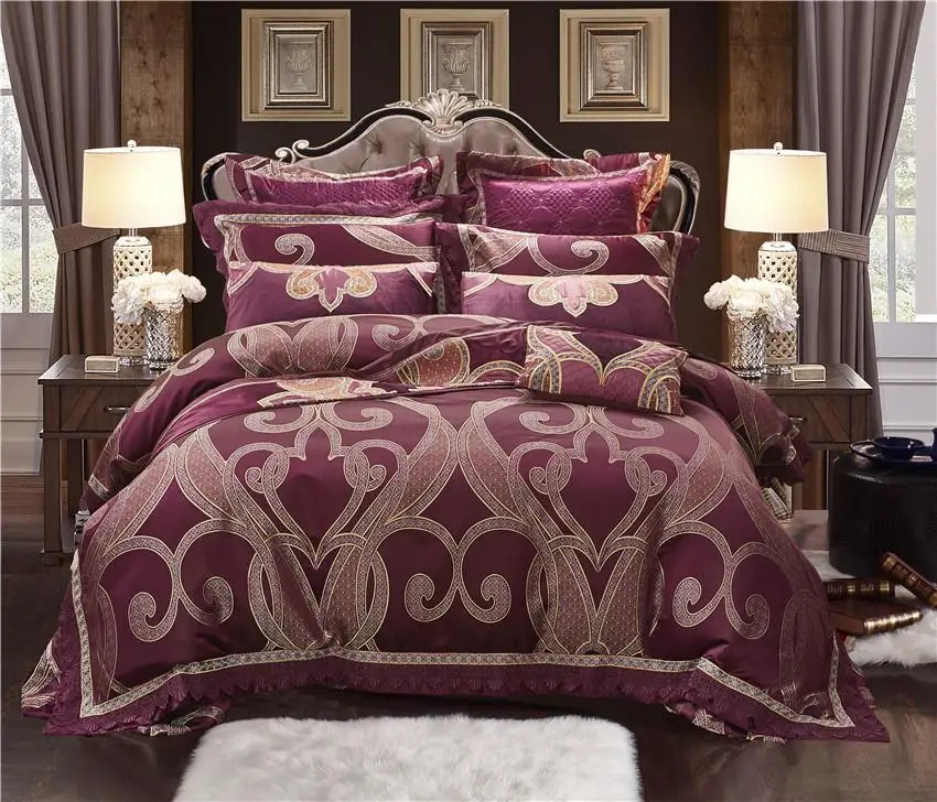 

Silk Cotton Luxury Satin Jacquard Purple Bedding Set Queen King size Wedding Bedding Sets Bed Sheet/Spread Set Duvet Cover set