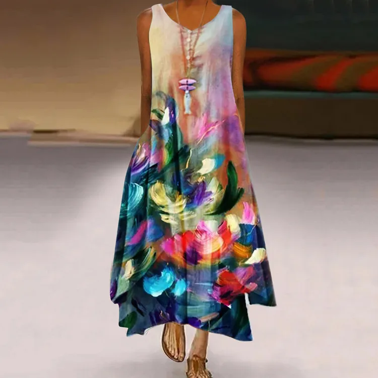

O-Neck Flower Print Summer Dresses for Women Fashion Sleeveless Dresses Female Casual Loose Beach Party Long Dress Vestidos