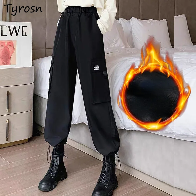

S-3XL Pants Women Chic High Street Ankle-tied Ankle-length ThickeningTrousers Warm Winter Safari Style Trendy Hip-hop Bf Solid
