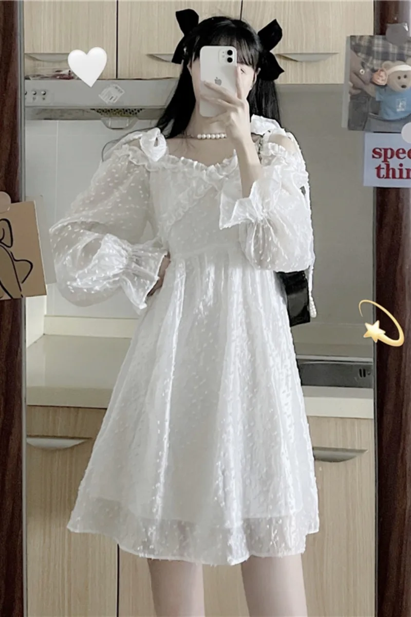 

Женское платье с длинным рукавом, белое шифоновое платье во французском стиле Лолиты с открытыми плечами и подтяжками, солнцезащитное плат...