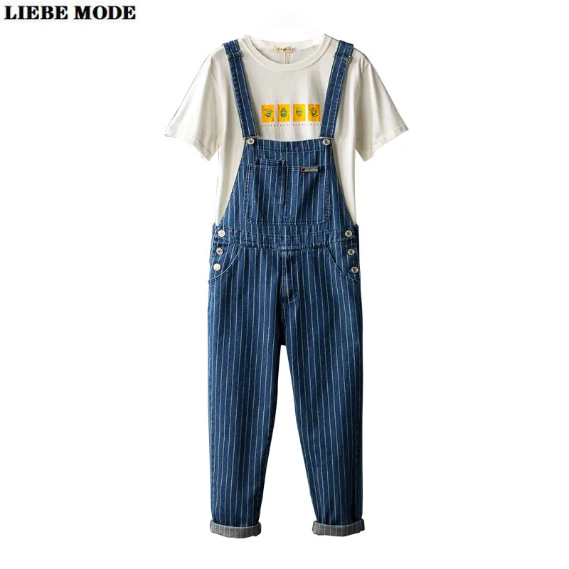 Men Harajuku Denim Trouser Braces Suspender Mens Regular Fit Blue Stripe Jeans Hip Hop Cargo Bib Overalls Loose Jumpsuit