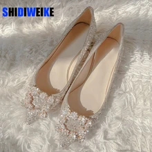 Zapatos de boda para mujer, mocasines planos con punta de cristal y hebilla cuadrada, brillantes, poco profundos, cómodos, ostentosos, 33-44