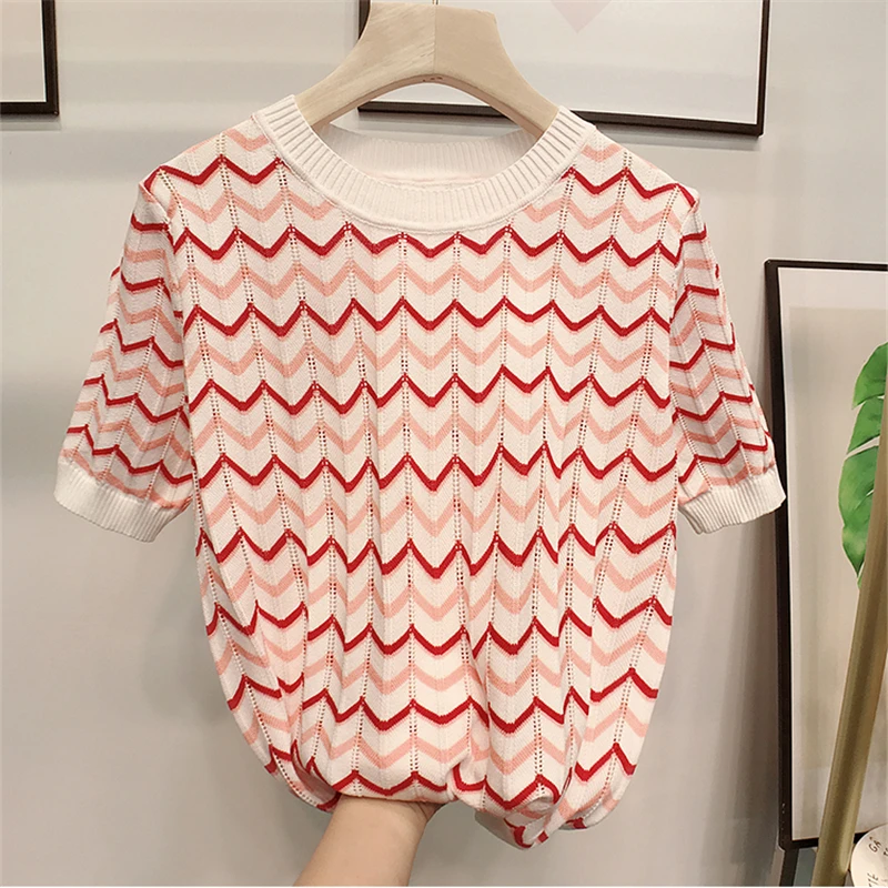 На каждый день рельефное полосатые трикотажные топы с короткими рукавами для