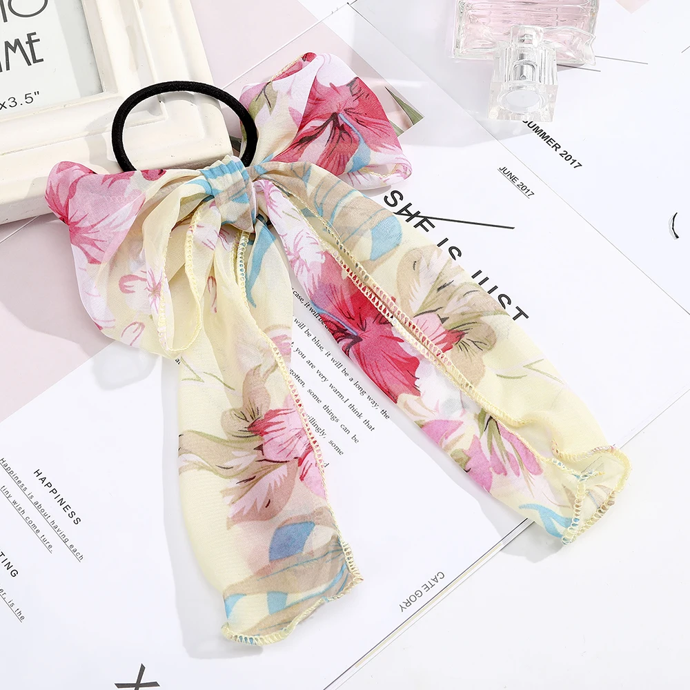 Цветочный принт марля шарф для волос бант резинки конский хвост держатель женщин