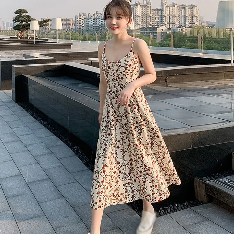 

Summer Dresses Fashion Sweet Floral Print Sling A-line Dress Sexy Natural Waist V-neck Sleeveless Dresses