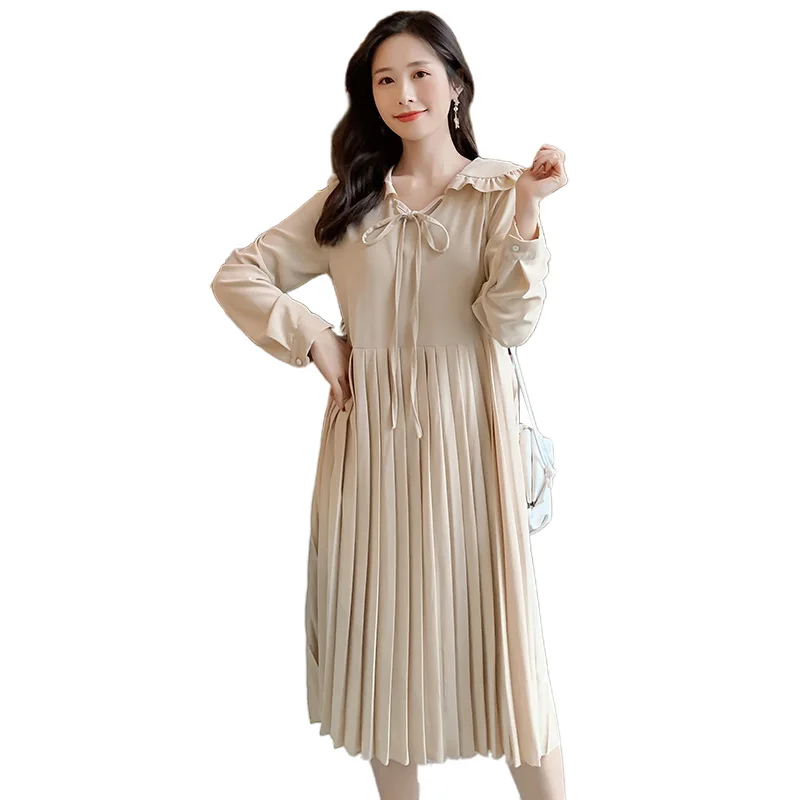 

7009# 2021 Spring Autumn Pleat Chiffon Maternity Long Dress Sweet Elegant Loose Clothes for Pregnant Women Pregnancy Dress