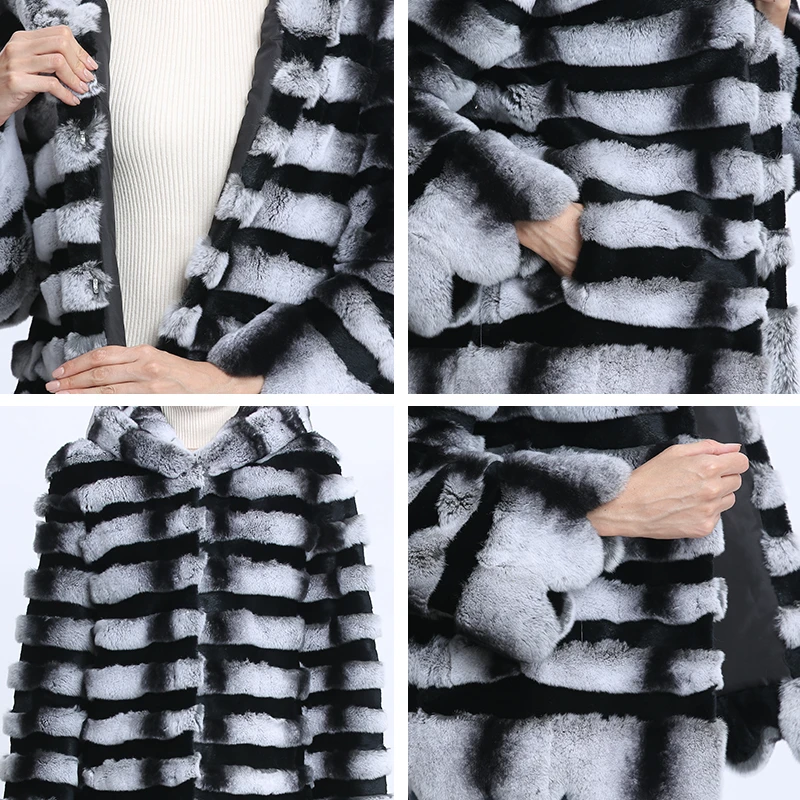 Женское меховое пальто с капюшоном зимнее из кроличьего меха для женщин куртки