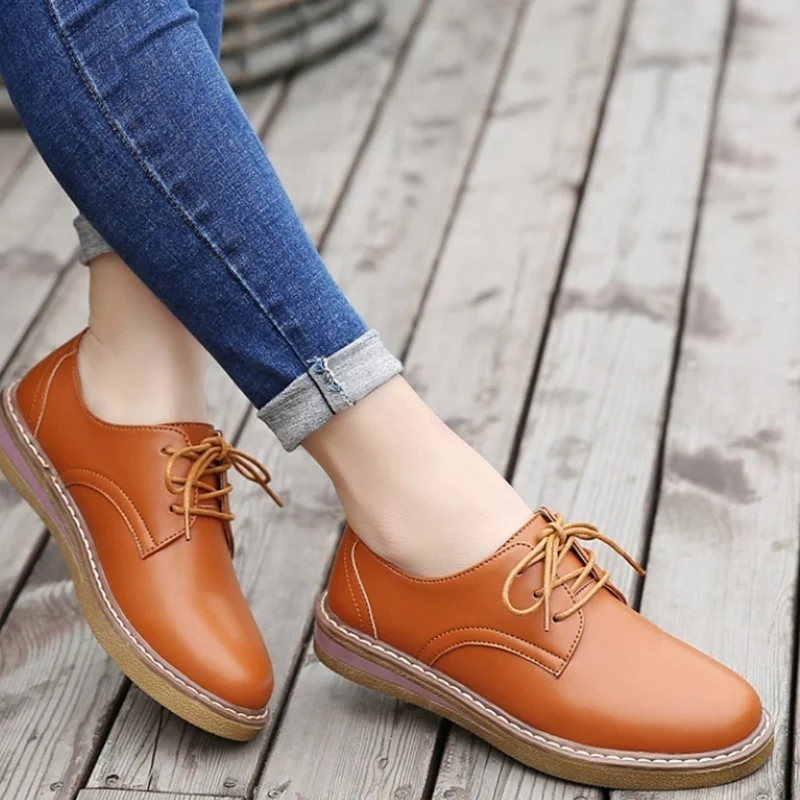 

Fashion PU Women Oxfords British Platform Flats Casual Lace-Up Ladies Shoes Leather Flats Shoes for Women Black Women Shoes