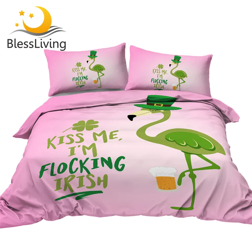 

BlessLiving Flamingo Bedding Set St. Patrick's Day Duvet Cover Green Hat Bed Set Lucky Shamrocks Bedspread Beer Pink Home Decor