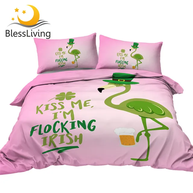 BlessLiving Flamingo Bedding Set St. Patrick's Day Duvet Cover Green Hat Bed Set Lucky Shamrocks Bedspread Beer Pink Home Decor 1