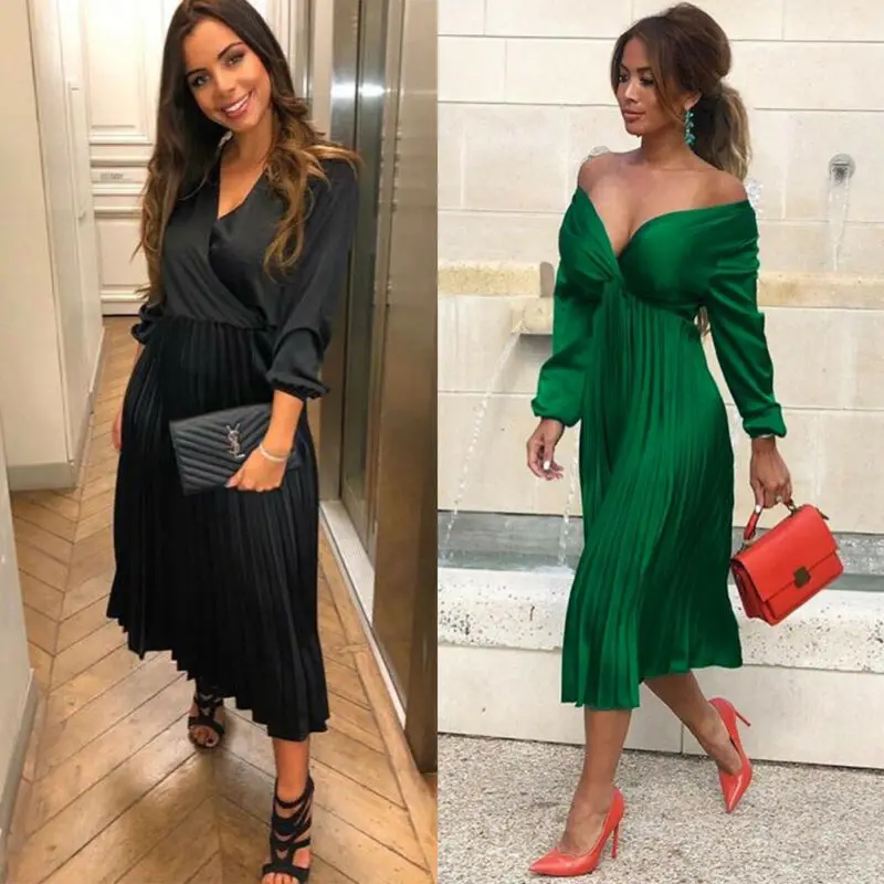 Женское винтажное длинное платье элегантное плиссированное бандо с длинным