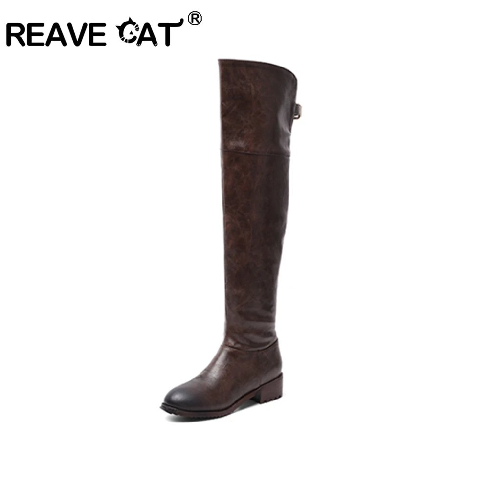 

REAVE CAT New Women leather boots Over The Knee Boots low heels Slim long boots black brown Lady Winter warm shoes high quality