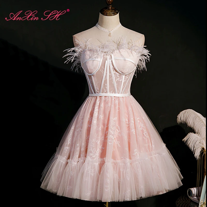 

Роскошное розовое кружевное вечернее платье принцессы AnXin SH без бретелек и рукавов, короткое вечернее платье для вечеринки в честь Дня рожд...