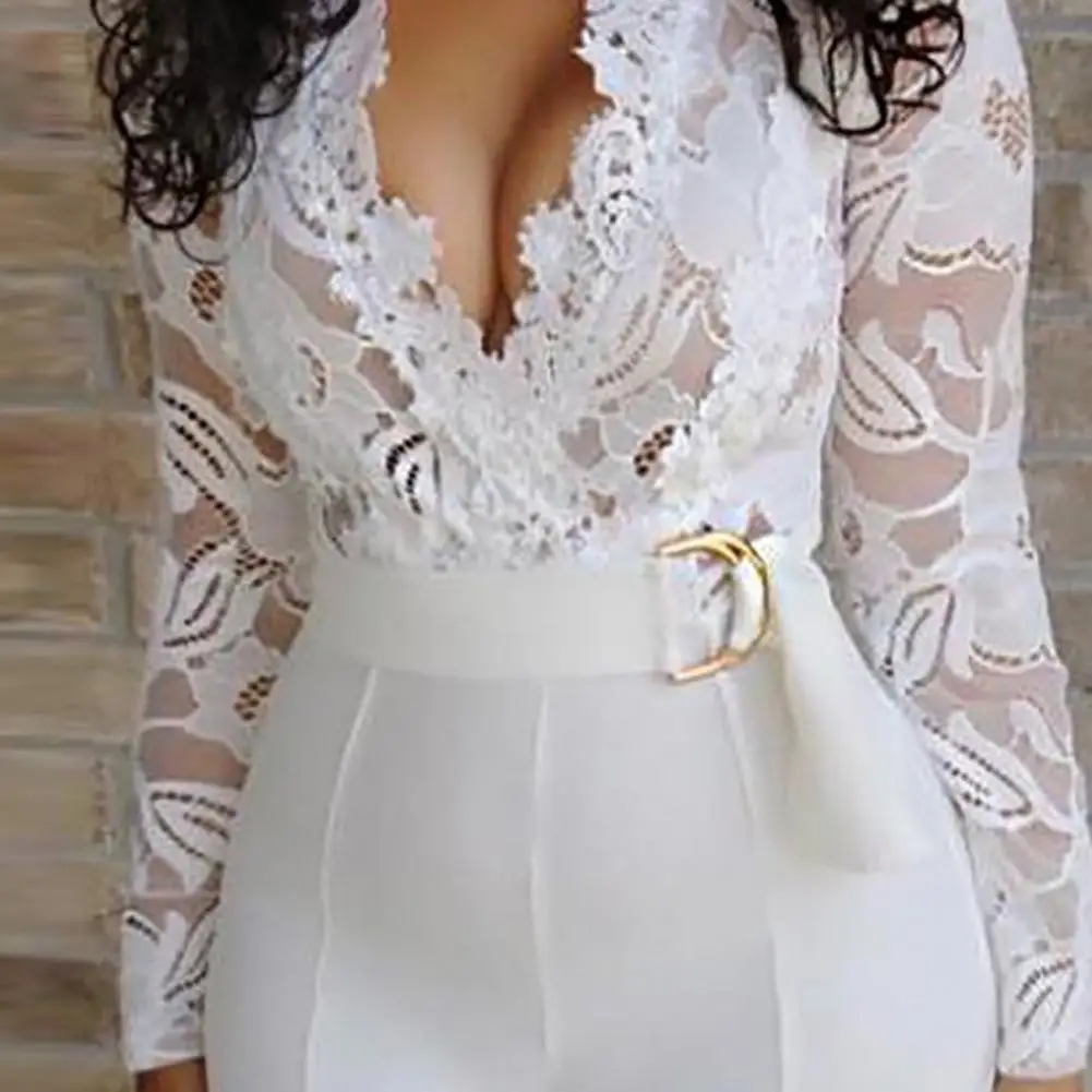 

2021 Summer Office Lady Jumpsuit Lace Patchwork Deep V Neck Loose Straight Leg Lace-up Waist Tied Jumpsuit for Office Bodysuit