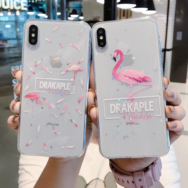 Для iPhone 6 6s 7 8 Plus 10 X XS XR Max Фламинго Блестящий Мягкий силиконовый прозрачный чехол