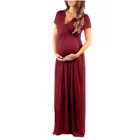 #57 Пижама для беременных женщин однотонное платье с V-образным вырезом и коротким рукавом эластичное длинное платье для беременных и кормящих матерей