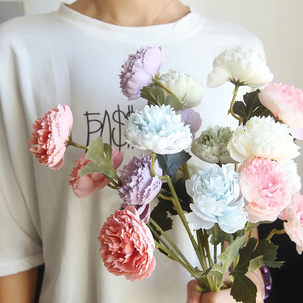 Искусственные цветы 3 головки из Ranunculus asiaticus поддельные цветочный букет