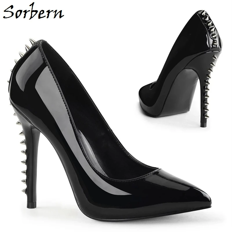

Sorbern Black Women Pumps With Rivets Slip On Pointed Toe 2020 Womens Pumps Patent leather Fashion Party Pumps