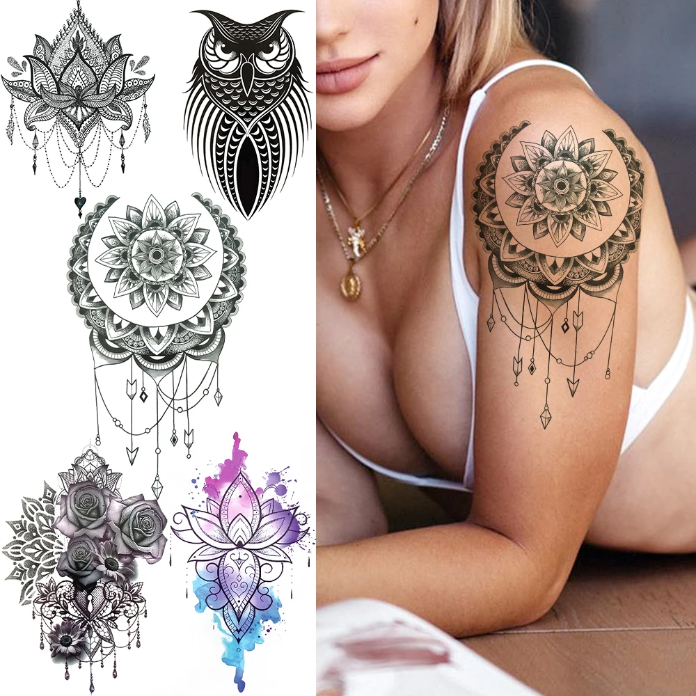 

Fake Jewelry Chains Temporary Tattoos For Women Girl Black Owl Tatoo Sticker 3D Rose Lotus Waterproof Sexy Tattoo Paper